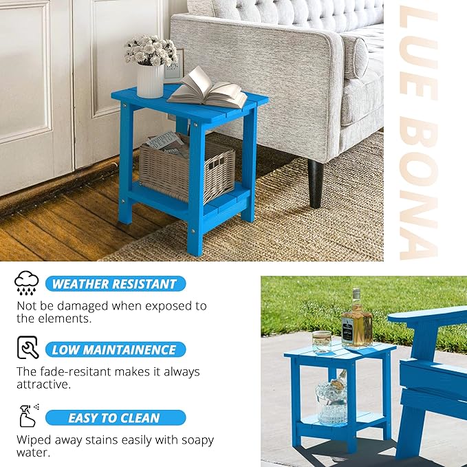 LUE BONA Adirondack Outdoor Side Table, 2-Tier Blue HDPS Patio End Table Weather Resistant, Morden Side Table for Patio, Pool, Porch