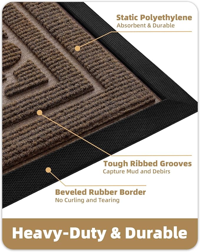 Color&Geometry Front Door Mat Outside Entrance, Heavy Duty Non Slip Low Profile Doormat for Entryway, Trap Dirt and Moisture Welcome Mats All-Weather, Easy Clean, Patio, Garage, 17"x30" Brown