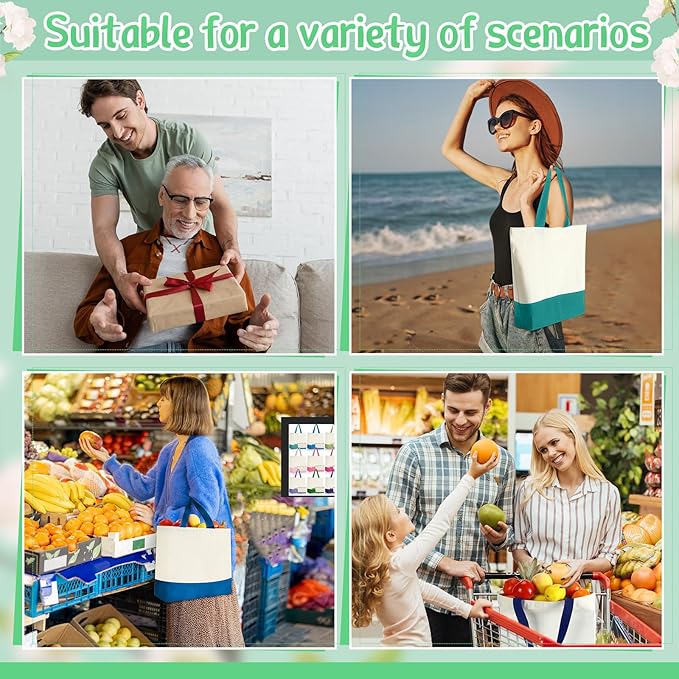 Sanwuta 24 Pcs Canvas Tote Bags Bulk with Zipper Cosmetic Bags 18.5" Cotton Canvas Bag with Handles Reusable Shopping Bags