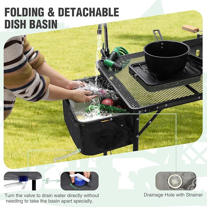 RedSwing Folding Grill Table with Sink and Double Shelf, Multifunctional Portable Stand Table for Outdoor Camping, Picnics, and Barbecues, 69"x20"x31.5", Black