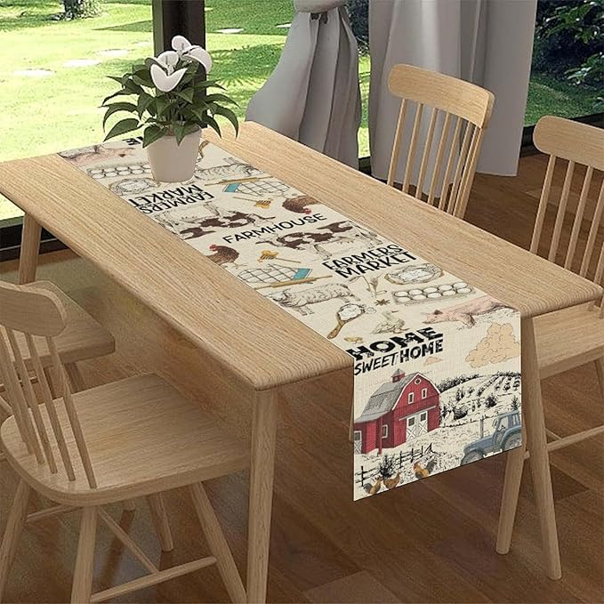 Farmhouse Rooster Table Runner, Rustic Cow Chicken Pig House Animals Coffee Table Center Decor for Family Kitchen Dining Room and Living Room Outdoor Country Holiday Party Table Decorations, 13"x72"