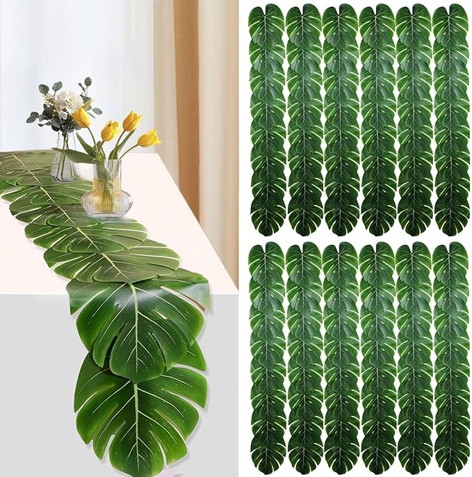 12 Pcs Palm Leaves Table Runners 72 Inch, Artificial Tropical Palm Leaves Table Runner Faux Leaf Table Cloth for Wedding Hawaiian Luau Theme Party Supply Summer Table Wall Decorations