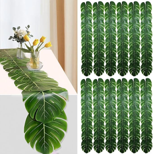 12 Pcs Palm Leaves Table Runners 72 Inch, Artificial Tropical Palm Leaves Table Runner Faux Leaf Table Cloth for Wedding Hawaiian Luau Theme Party Supply Summer Table Wall Decorations