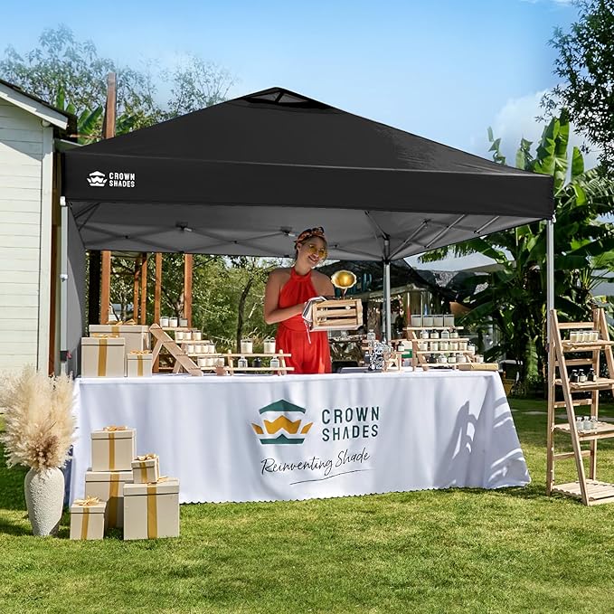 CROWN SHADES 12x12 Pop Up Canopy Tent Instant Commercial with 150D Silver Coated Fabric Including 1 Removable Sidewall, 4 Ropes, 8 Stakes, Weight Bags, STO 'N Go Bag, Black