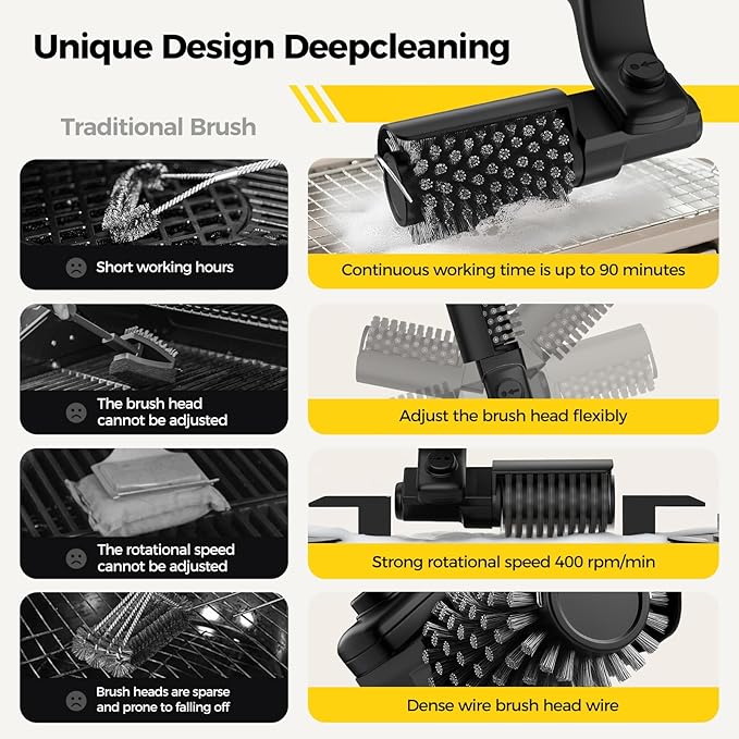 Electric Rotary Grill Brush for Outdoor Grill, 3-Speed Power Control, 304 Stainless Steel BBQ Grill Brush with No Bristle Shedding, 90 Mins Extended Runtime Grill Cleaning Brush (Black)