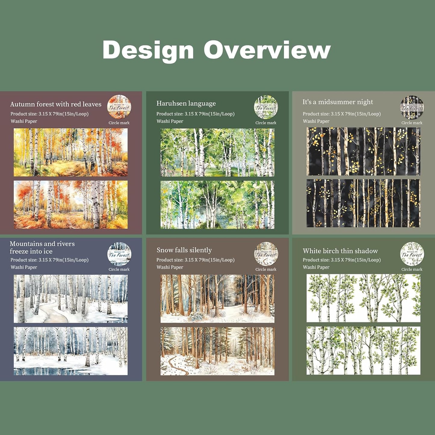 Forest Washi Tape Set, 6 Rolls Tree Landscape Stickers with Clip for Scrapbooking, Journaling and Planner Supplies