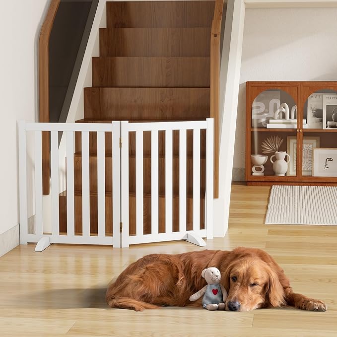 24" Height Tall Freestanding Pet Gate, Solid Wood Folding Safety Fence Wooden Dog Gate with 2 PCs Support Feet Ideal for Stairs, Doorways, Halls, Kitchens, Heavy Duty Gates, 2 Panels, White