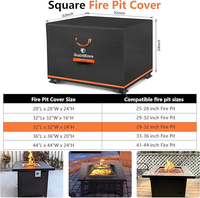 [Upgraded 1000D Heavy Duty Fabric] 32” Fire Pit Cover Square for 29”- 32” Fire Pit/Table, Waterproof Tear & Fade Resistant Firepit Cover with Buckle, Air Vents, Drawstring (32”L x 32”W x 24”H, Black)