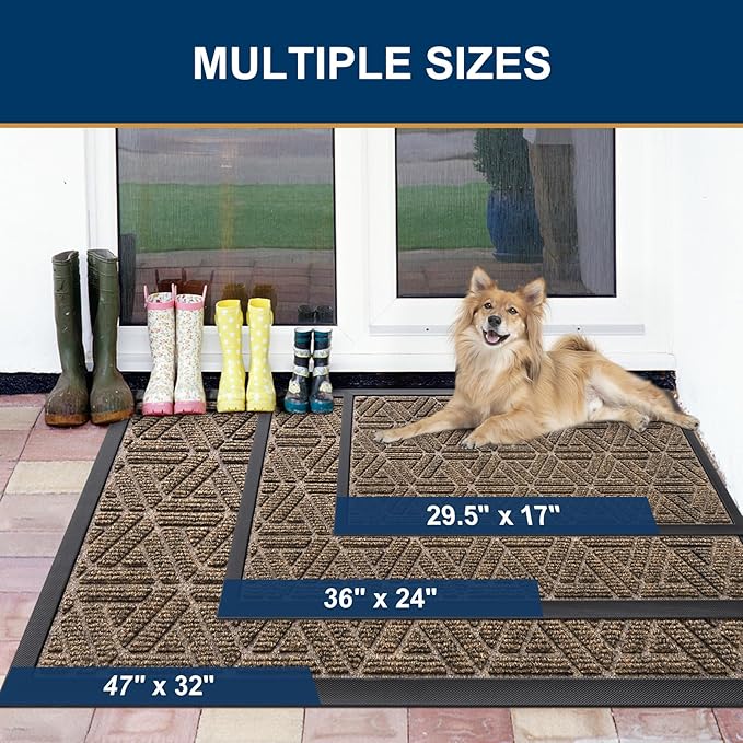 Smiry Front Door Mat Outside Entrance, Heavy Duty Sturdy Natural Rubber Doormat, Trap Dirt and Moisture, Easy Clean Low Profile Mats for Indoor Outdoor Entry, Grid Geometric (59x35, Brown)