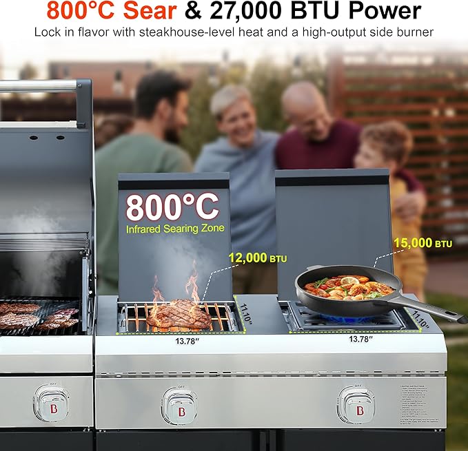 Brand-Man Outdoor Kitchen Island – 5-Burner Gas Grill & Griddle Combo with 800°C Infrared Sear Zone, Dual-Zone Cooktop, Sink & Storage, 995 sq.in Cooking Area, 67,000 BTU Stainless Steel BBQ Station