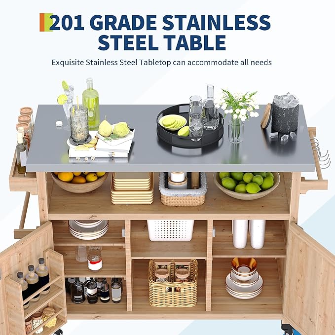 Garvee Outdoor Grill Cart with Storage, Outdoor Bar Cart Rolling BBQ Movable Pizza Oven Table Stand, Kitchen Island Carts with Stainless Steel Top, Spice Rack, Towel Rack & Storage Cabinet, Natural
