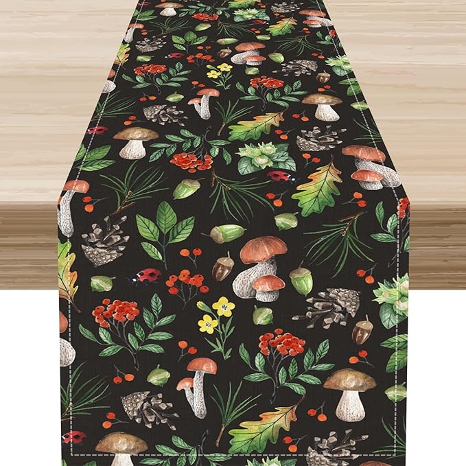 Mushroom Table Runner, Rustic Farmhouse Forest Plants Botanical Wild Floral Coffee Table Center Decor for Home Kitchen Dining Patio Holiday Party Indoor Outdoor Table Decorations, 13"x36" Inch