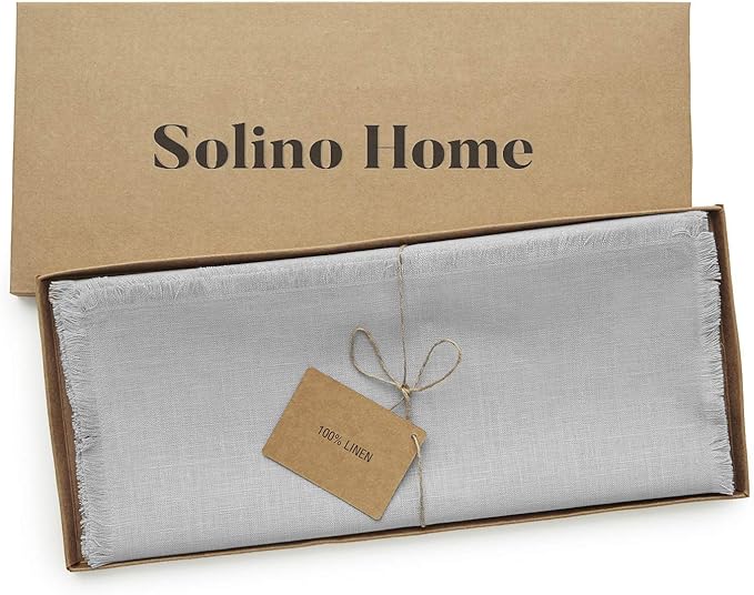 Solino Home Linen Light Grey Table Runner 120 Inches Long - Fringe, 100% Pure Linen 14 x 120 Inch Table Runner for Spring, Easter