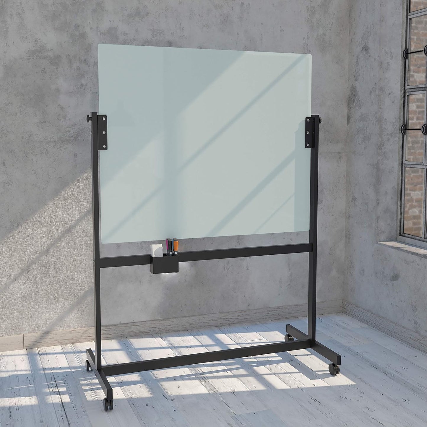 U Brands Magnetic Glass Dry-Erase Board Rolling Easel, 49" X 41" Inches, White Frosted Surface