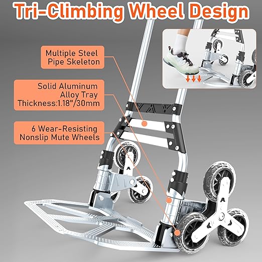 Stair Climbing Cart, 220 LBS Aluminum Stair Climber Dolly, Heavy Duty Folding Hand Truck Dolly with 6 Wheels, Telescoping Handle and Elastic Rope for Home, Moving, Groceries, Warehouse