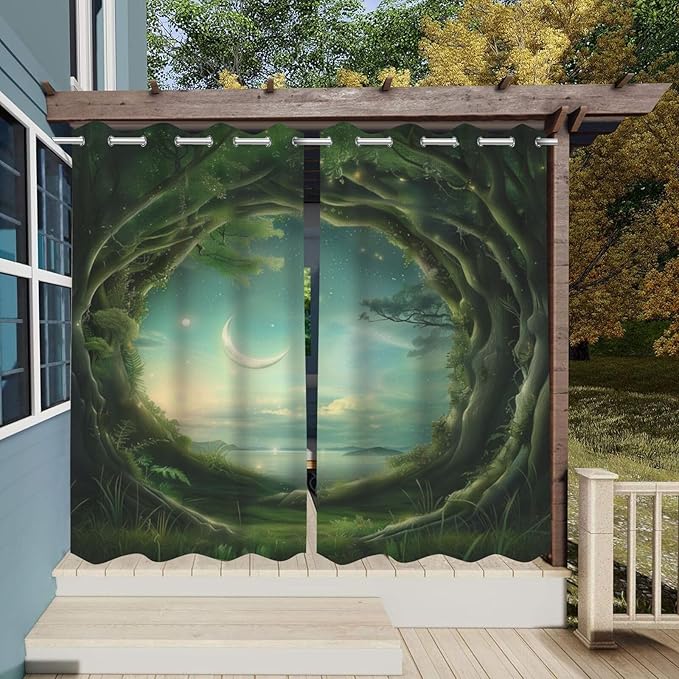 Forest Theme Outdoor Curtains for Patio Waterproof,Trees Moon Lake Pattern,Privacy Weatherproof Grommet Outside Curtains for Porch, Pergola, Cabana,Set of 2 Panels,42 x 84 inch,Green