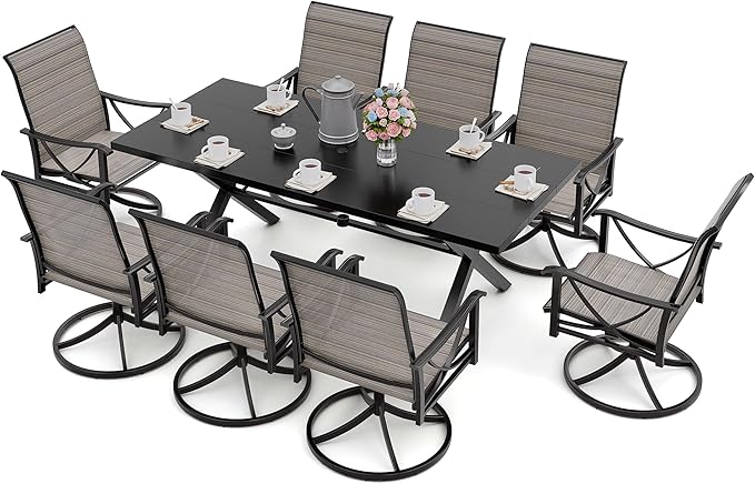 Kurapika 9-Piece Patio Dining Set, Patio Furniture Set for 8, Outdoor Large Metal Table with Umbrella Hole and Textilene Swivel/Rocking Chairs, for Garden, Deck, Porch, Pool All Weather, Brown