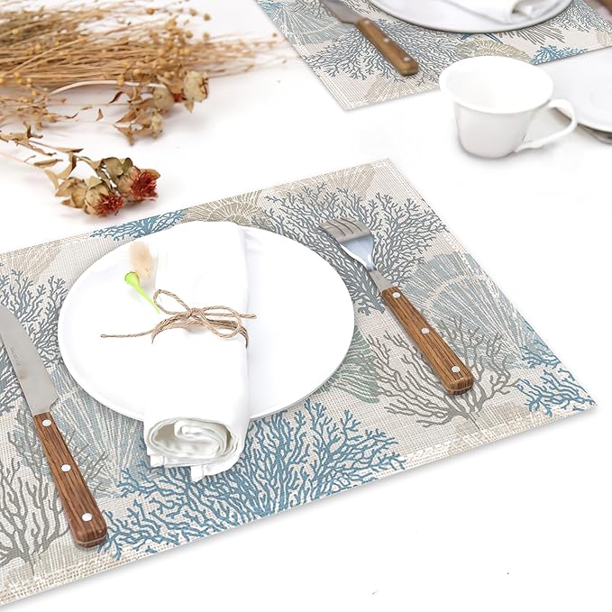 Coastal Beach Placemats Set of 6,Shell Starfish Coral Heat Resistant Table Mats Washable Place Mats for Party Kitchen Farmhouse Home Dining Holiday Decor 12x18 Inch