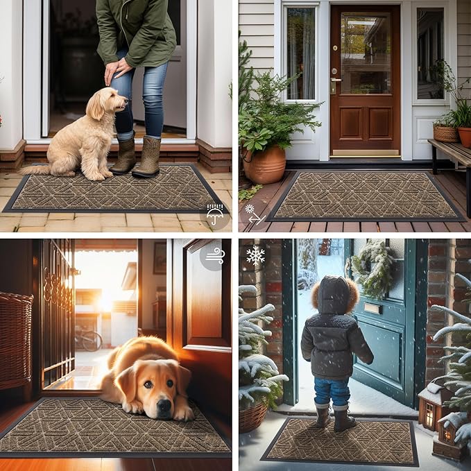Smiry Front Door Mat Outside Entrance, Heavy Duty Sturdy Natural Rubber Doormat, Trap Dirt and Moisture, Easy Clean Low Profile Mats for Indoor Outdoor Entry, Grid Geometric (36x24, Brown)