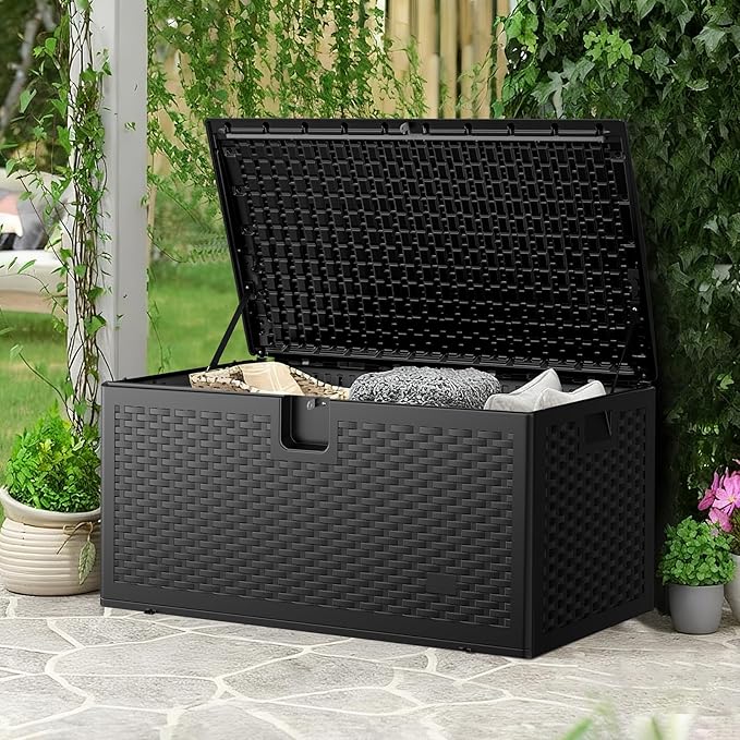 JEKO&JEKO 75 Gallon Outdoor Storage Box, Large Plastic Deck Box with Lockable Lid for Patio Furniture, Garden Tools, Outdoor Cushions and Shoes, Black