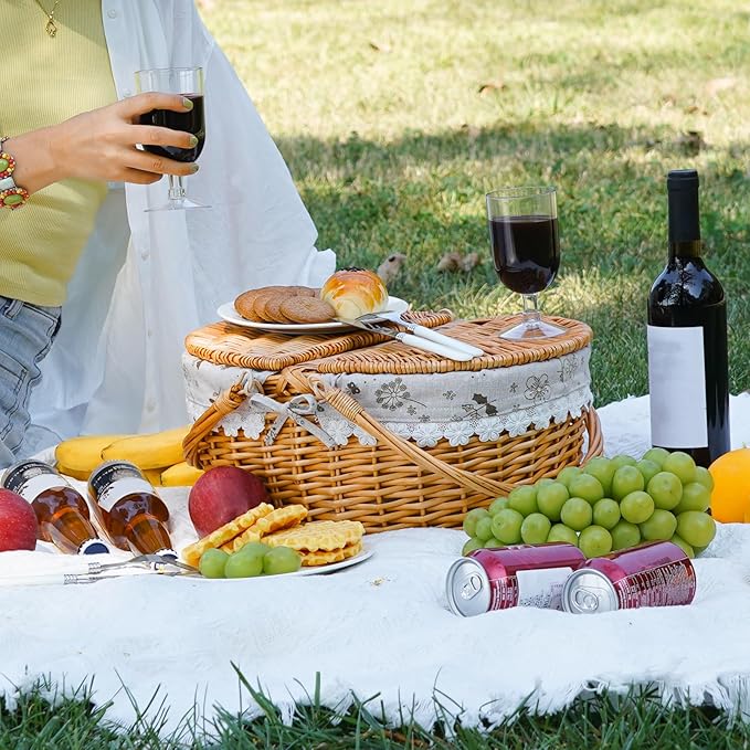 ZORMY 15" Wicker Picnic Baskets with Removable Liner, Empty Picnic Basket with Lid, Picnic Hamper with Folding Woven Handles for Picnic, Camping, Outdoor, Halloween, Thanks Giving - WhiteKapok