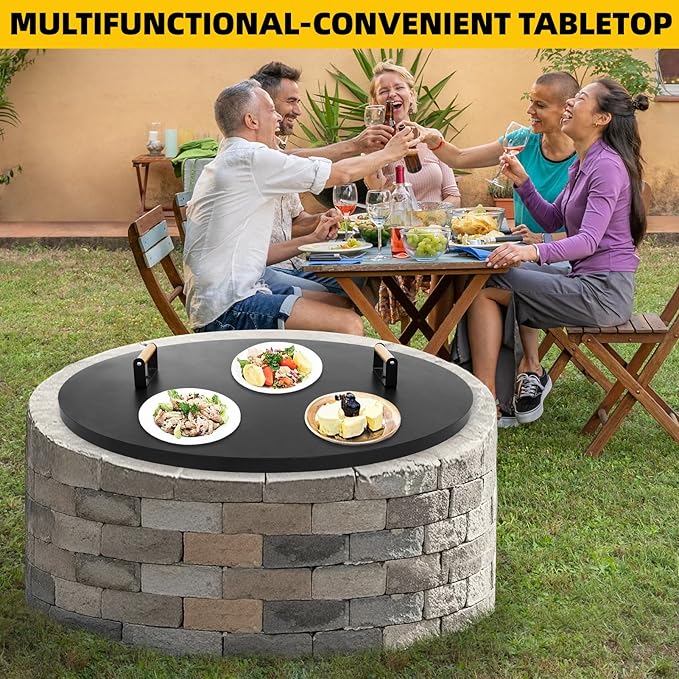 G GOOD GAIN Firepit Lid Round 34inch - Rust Resistant Fire Pit Lid Cover with Wooden Handle & Gloves, Fire Pit Snuffer Lid for Courtyards, Patio, Winter Cold Protection. Fits Fire Pits Up to 32‘’