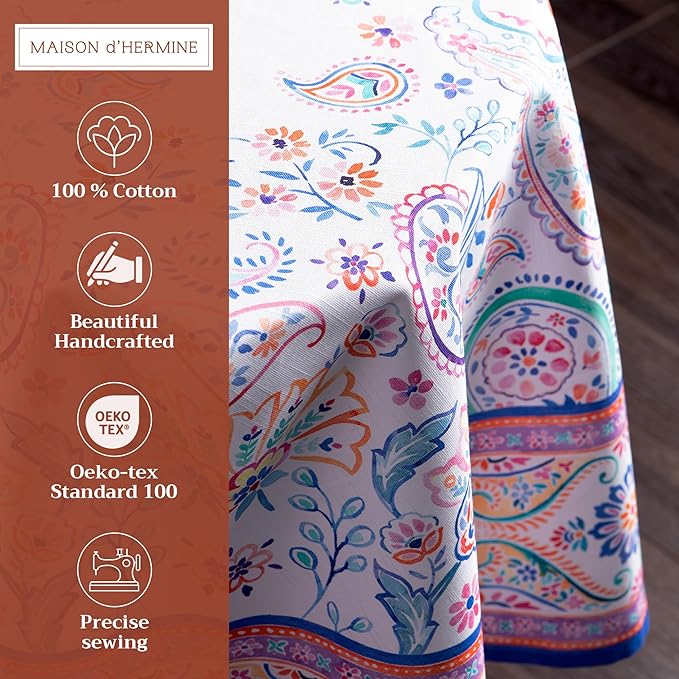 Maison d' Hermine Table Cloth Round Table 100% Cotton 69 Inches Tablecloth Reusable Decorative Everyday Use for Dining Room, Farmhouse, Home, Party, Festive & Wedding Spring Summer - Indian Floral