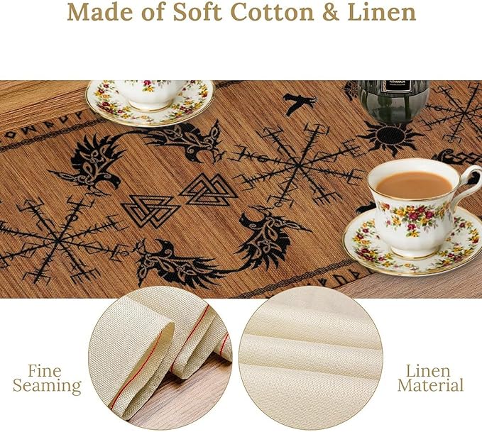 Viking Table Runners, Viking Tree of Life Raven Helmet of Awe Wood Print Table Runner for Home Kitchen Coffee Dining Room Bedroom Party 13x120in