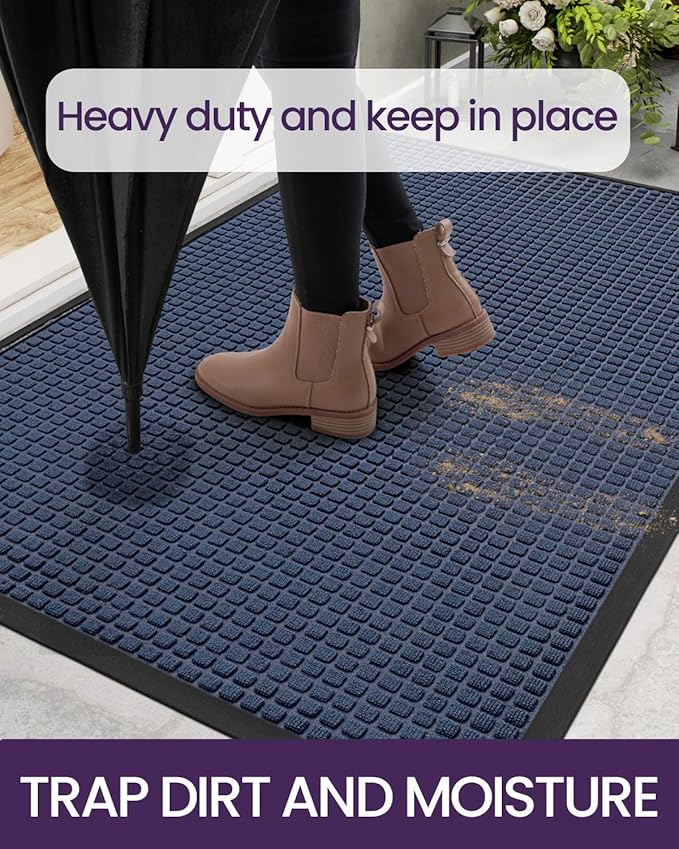 DEXI Front Door Mat Outside Entrance, 4x6 ft Large Rubber Entry Doormat Heavy Duty, Welcome Mats Non Slip for Inside House Floor Entryway Double Doors Exterior Patio, Squares Blue