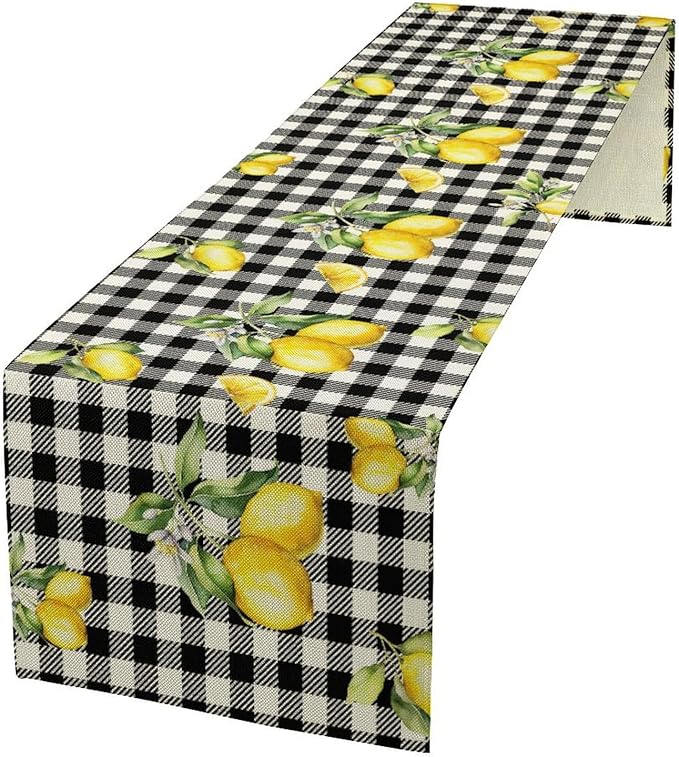 Fresh Lemon Table Runner, Yellow Lemon Black White Buffalo Check Plaid Table Runner for Farmhouse Coffee Home Kitchen Dining 13x120in