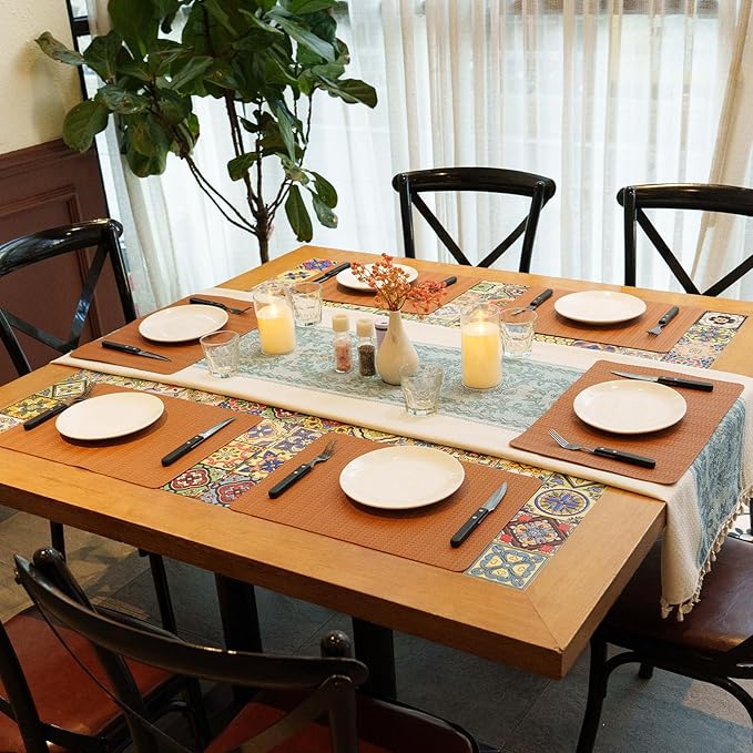 Faux Leather Placemats Set of 4 – 17x12 Inch Vinyl Table Mats, Heat Resistant, Non Slip, Wipeable & Washable, Easy to Clean Dining Table Decor for Kitchen & Dining Room（Cinnamon Brown）