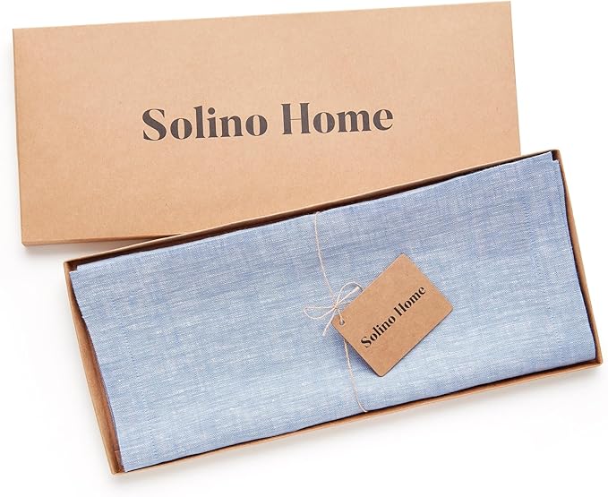 Solino Home Linen Table Runner 48 Inches - 100% Pure Linen Chambray Blue Table Runner 14 x 48 Inch Ideal for Dresser and Coffee Tables - Athena - Winter, Spring, Easter