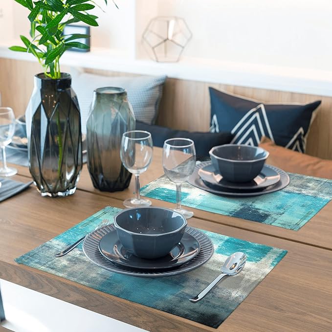 Modern Art Placemats Set of 4 Turquoise Abstract Painting Place Mats Washable Linen Teal Placemat for Kitchen Dining Table Party Home Decor 18x12 Inches