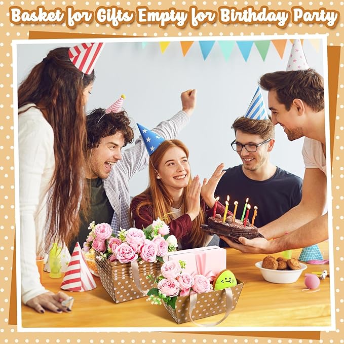 Pinkunn 48 Pcs Basket for Gifts Empty DIY Bulk Party Gift Basket Kit with Handles Market Trays for Packages Wrapping Wedding Party Anniversary Display(Brown, White,Polka Dots)