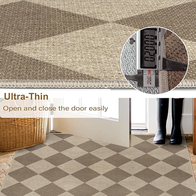 Easy Jute Brown Checkered 5x7 Area Rug, Washable Modern Rugs for Living Room Non-Slip Diamond Bedroom Rug, Neutral Farmhouse Indoor Outdoor Carpet for Patio Dining Room Classroom
