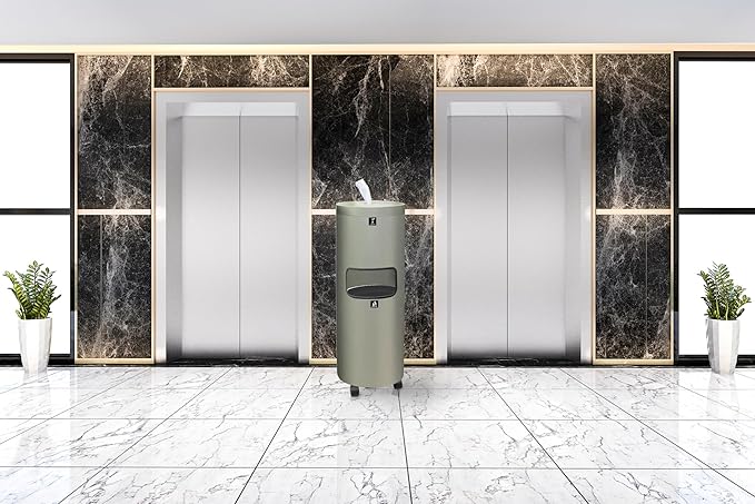 Zahari Home Stainless Steel Floor Stand Wipe Dispenser with Built-in Trash Can. Perfect for Gyms, Schools, Offices. Easy to Move with 360 Rotatable Wheels, Nickel