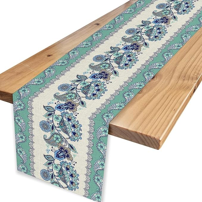 Paisley Table Runner, Vintage Teal Damask Floral Flower Boho Antique Damask Swirled Pattern Rustic Coffee Table Center Decor for Family Kitchen and Living Room Outdoor Table Decorations, 13"x36"
