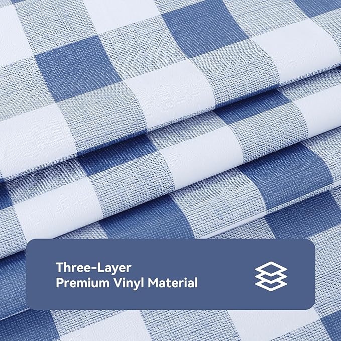 Romanstile Gingham Square Plastic Tablecloth, 100% Waterproof Checkered PVC Table Cloth, Heavy Duty Vinyl Table Cover for Dining, Camping, Picnic, Outdoor - 54 x 54 Inch, Light Blue and White