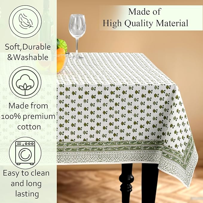 CPC Lotus Meadow Tablecloth 100% Cotton 80x120 Inch Indian Block Print Rectangle Table Cover, Table Cloth for Gifting in Weddings, Halloween, Fall, Christmas, Thanksgiving