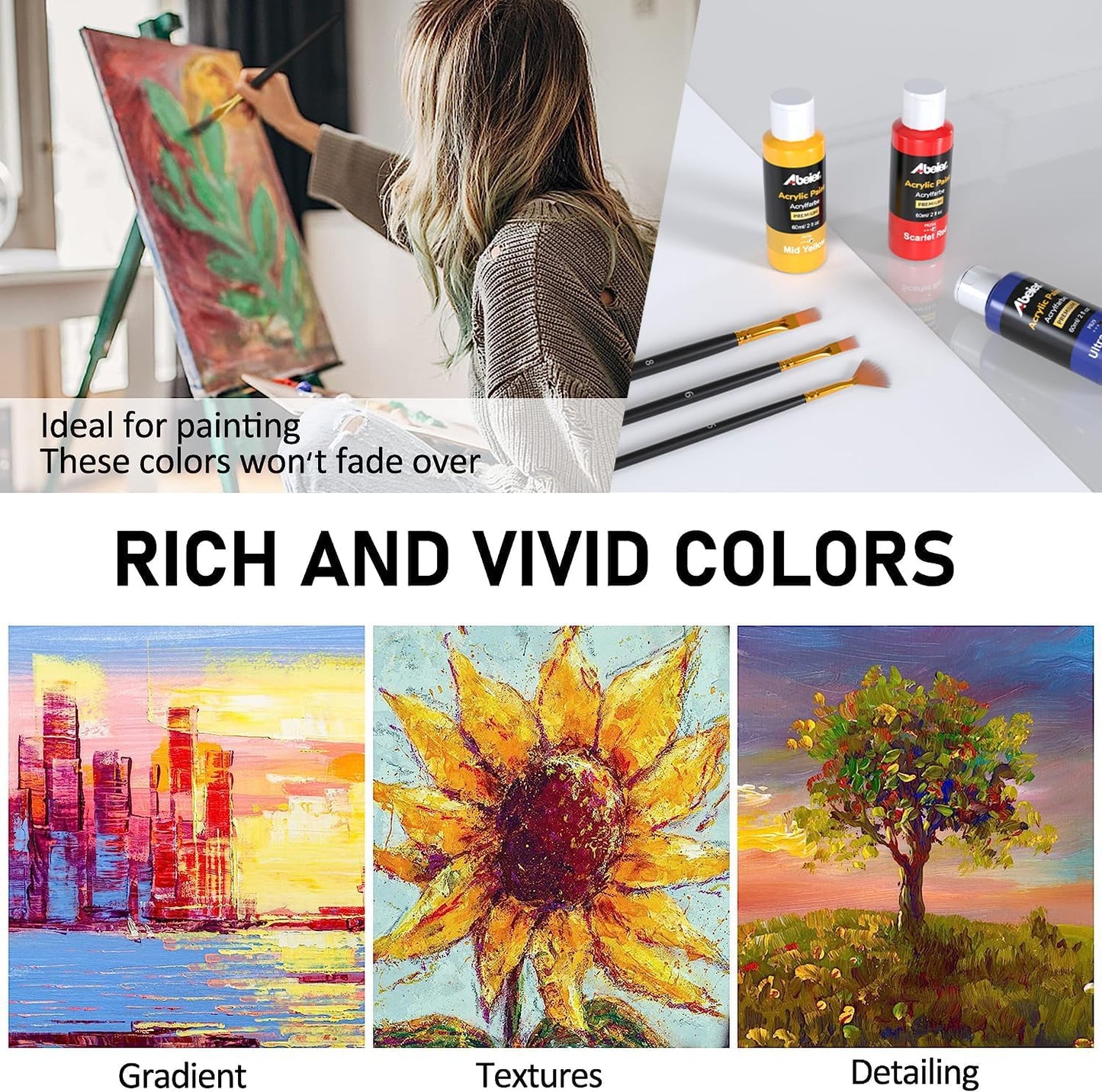 ABEIER Acrylic Paint Set, 24 Colors (60ml/2oz) with 12Paint Brushes, Non-Toxic, Waterproof, Strong Coverage for Kids Adults Beginners Students, Painting on Canvas Stone Wood Fabric Rocks Ceramic