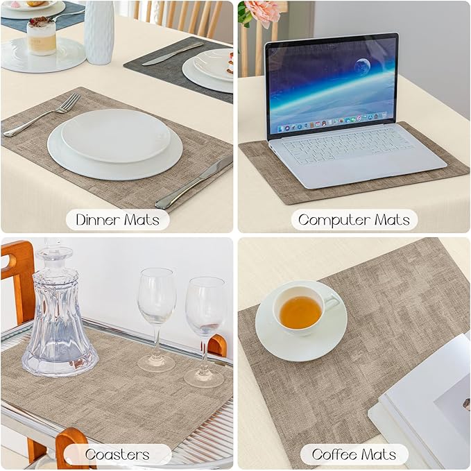 Romanstile Reversible Vinyl Placemats Set of 4, Faux Leather 100% Waterproof Oil-Proof Wipeable Place Mats, Heat Resistant Dual Sided Table Mats for Kitchen/Dining/Party (Grey Khaki, 12 x 17 Inch)