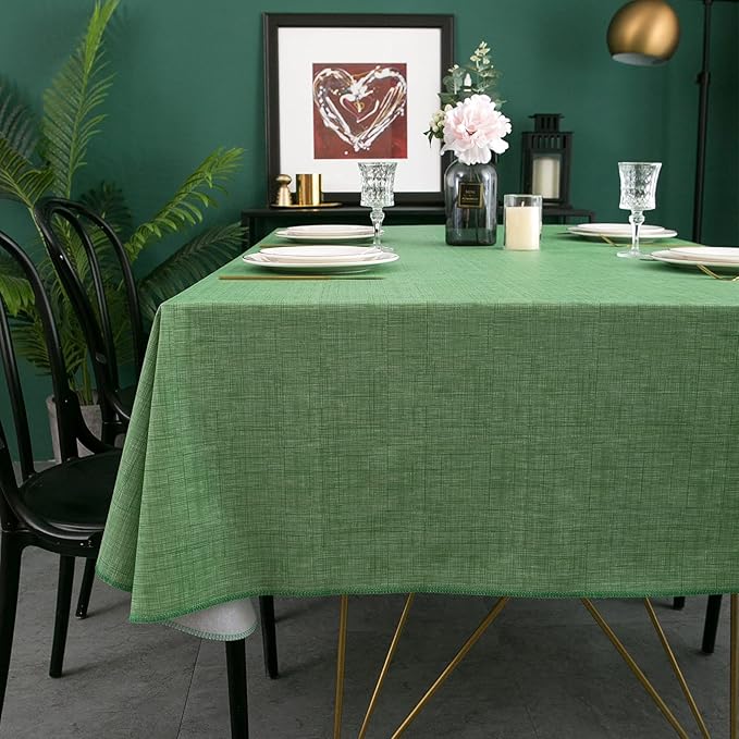 LIBERECOO Vinyl Tablecloth with Flannel Backing, Grass Green, Waterproof, Stain-Resistant, Easy-Clean Table Cover for Holiday, Dining, Kitchen, and Outdoor Use, 60" x 60" Square