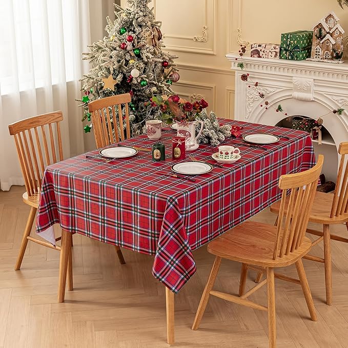 Romanstile Christmas Plaid Rectangle Vinyl Tablecloth, 100% Waterproof Checkered PVC Table Cloth, Heavy Duty Xmas Gingham Plastic Table Cover for Dining, Party, Holiday Decor - 54 x 78 Inch, Red