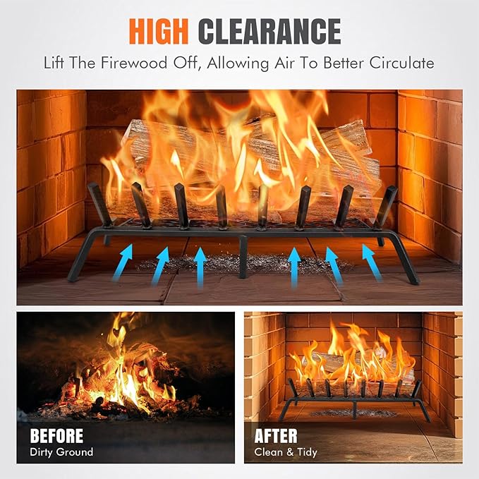 INNO STAGE Fireplace Grates with Ember Retainer - 30 Inch Fireplace Log Grate, Firewood Wood Log Holder Rack, Inside Wrought Cast Iron Fire Grate for Hearth Indoor Outdoor Camping