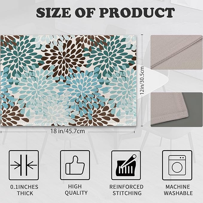 Blue Gray Dahlia Placemats Set of 6,Geometric Flowers Heat Resistant Table Mats Washable Place Mats for Party Kitchen Farmhouse Home Dining Holiday Decor 12x18 Inch