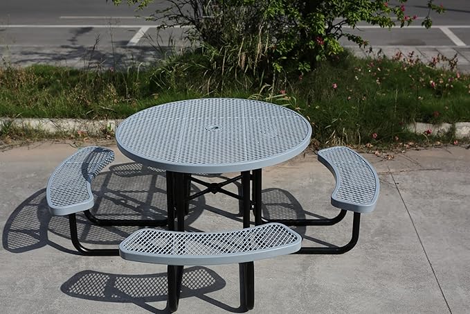 46'' Round Metal Picnic Table for Outdoors, Commercial Steel Metal Picnic Tables, Heavy Duty Sturdy Picnic Tables Furniture Set for Patio Garden Courtyard BBQ, with Umbrella Hole, Grey