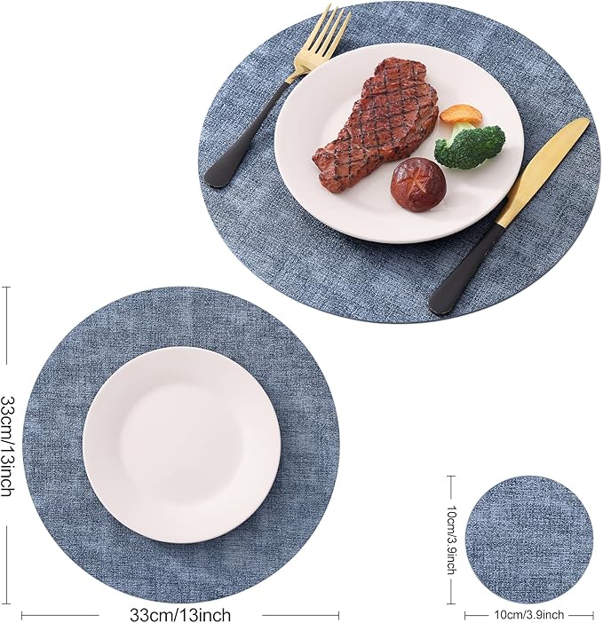 Homaxy Round Faux Leather Placemats and Coasters, Washable Dual-Side Table Mats, Wipeable Heat-Resistant Dining Place Mats for Outdoor and Indoor, Set of 8, Diameter 13 and 3.93 inch, Blue