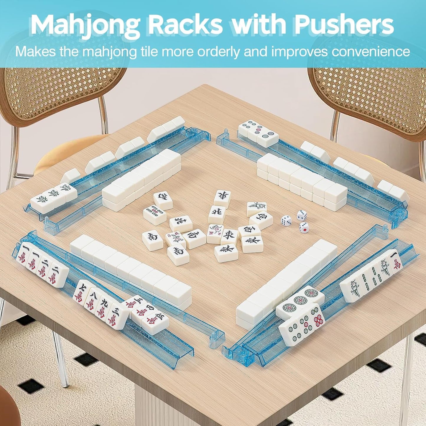 Mahjong Racks with Pushers Set of 4, Mahjong Tile Pushers and Racks, Acrylic Majiang Tile Holders Accessories (Bling Blue)
