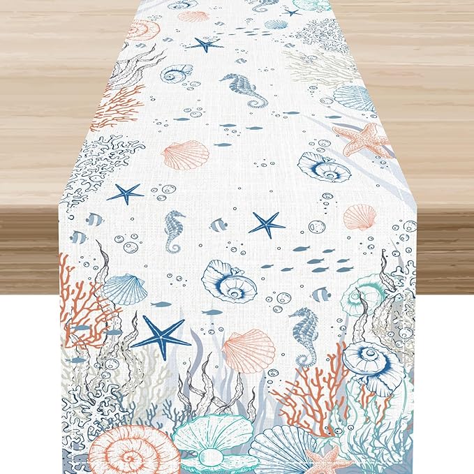 Nautical Table Runner, Summer Coastal Starfish Seahorse Seashells Coral Tropical Ocean Beach Colorful Farmhouse Coffee Table Center Decor for Home Kitchen Dining Patio Indoor Outdoor, 13"x108" Inch