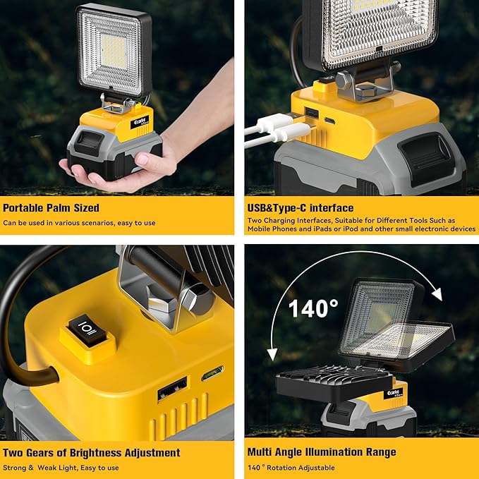 Ecarke Led Work Light Compatible with DeWalt 20v Battery, Portable Led Flood Work Light with Low Voltage Protection, USB & Type-C Charging Port, for Outdoor Camping Hiking Fishing Emergency